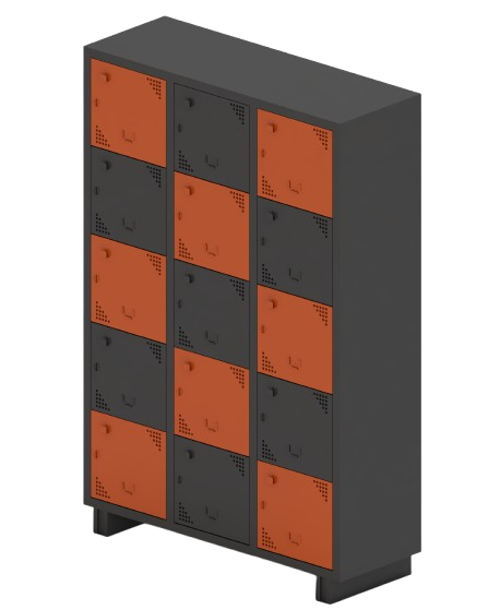 Multi-tier industrial locker in a modern office setting