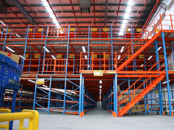 Mezzanine storage system creating second floor level inside warehouse for doubling storage capacity — Myriad Storage System LLP