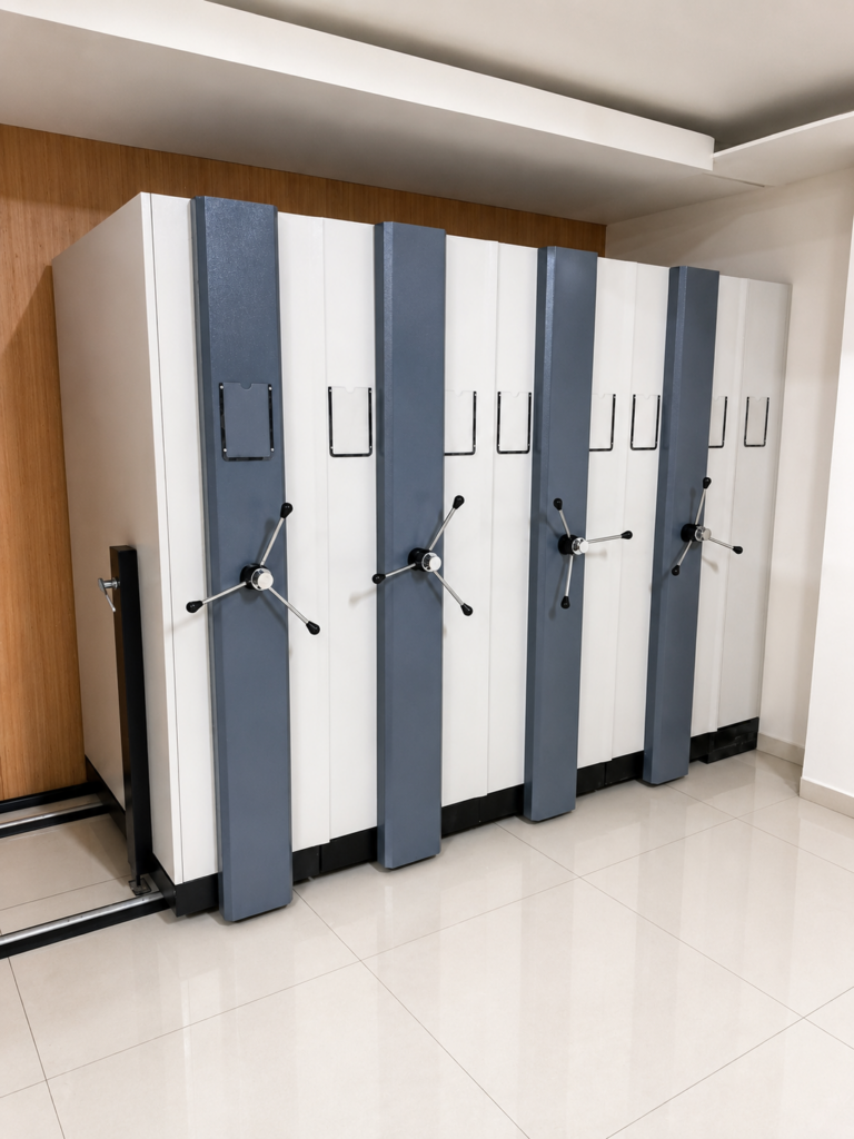 Installation in progress of customized mobile compactor for jewelry tray storage at Titan Company Ltd Tata Group wholesale operations Ahmedabad Gujarat by Myriad Storage System LLP