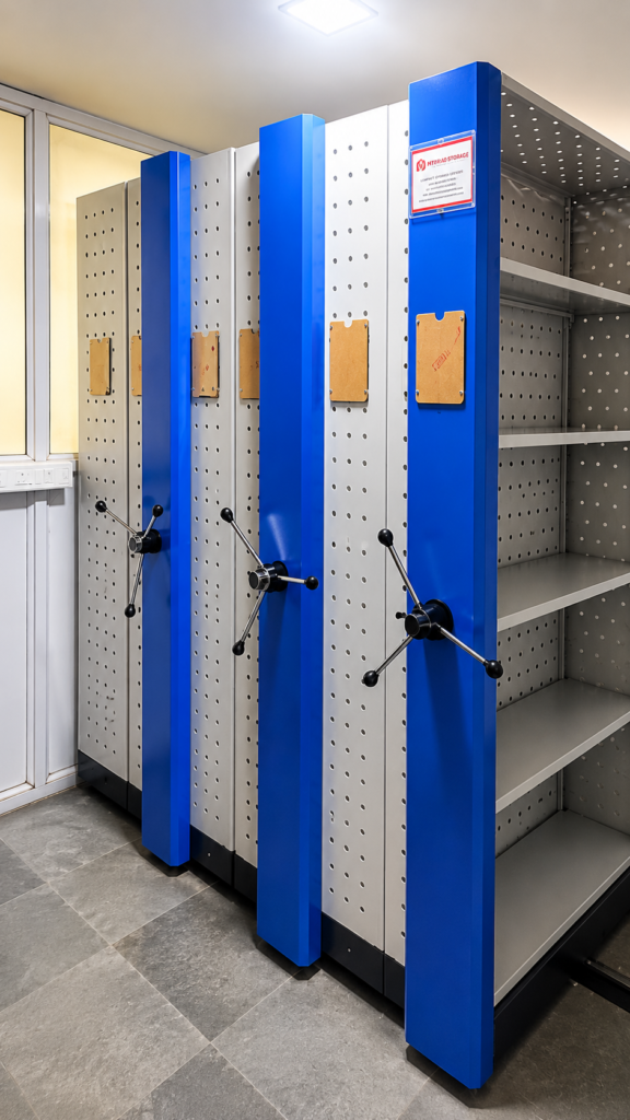 Case Study 28 5 bay perforated mechanical mobile compactor with blue trim and hand-wheel operation showing internal perforated shelving for air circulation installed at Glow Pharma Pvt Ltd WHO-GMP certified pharmaceutical facility Vasai by Myriad Storage System