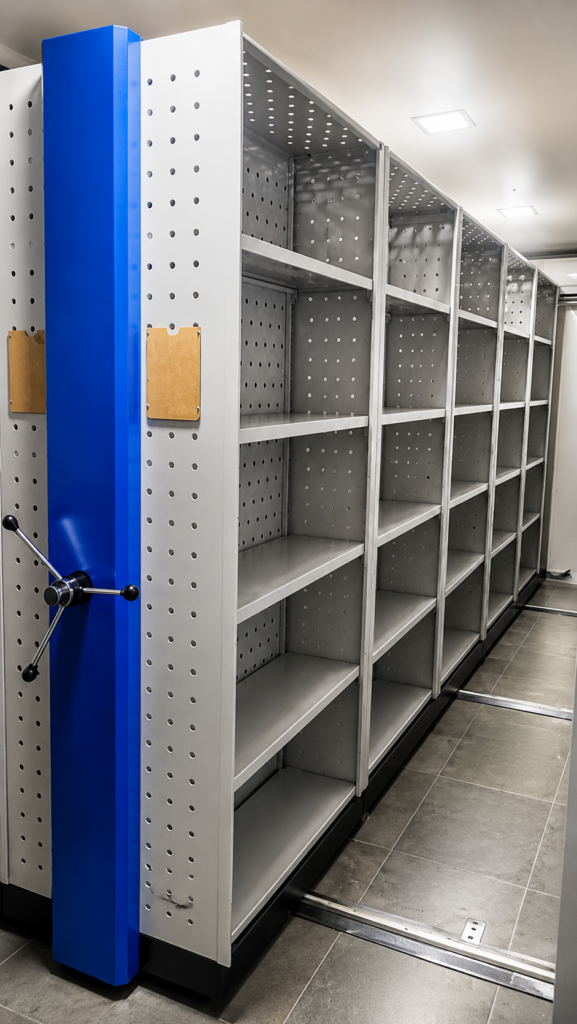 Case Study 29 Interior view of perforated mobile compactor showing multi-level perforated shelving on both sides allowing air circulation for pharmaceutical document storage at Glow Pharma Vasai by Myriad Storage System LLP