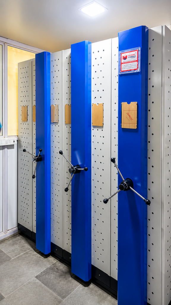 Case Study 30 Perforated mobile compactor with blue columns and white perforated panels installed at Glow Pharma Pvt Ltd pharmaceutical manufacturing plant Vasai Palghar Maharashtra by Myriad Storage System