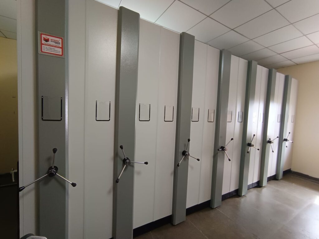 Case Study 27 3 bay mechanical mobile compactor with hand-wheel operation and label holders installed at DCL Bulk Technologies Pvt Ltd office Hyderabad Telangana by Myriad Storage System LLP