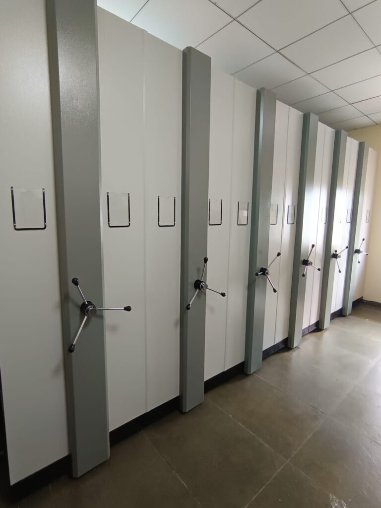 Case Study 25 Mobile compactor storage installation showing 3 bay mechanical file compactor system at DCL Bulk Technologies Hyderabad a subsidiary of DCL Inc USA by Myriad Storage System