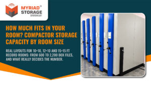 Compactor storage capacity by room size: 10x10, 12x10 and 15x15 ft room layouts with box file counts